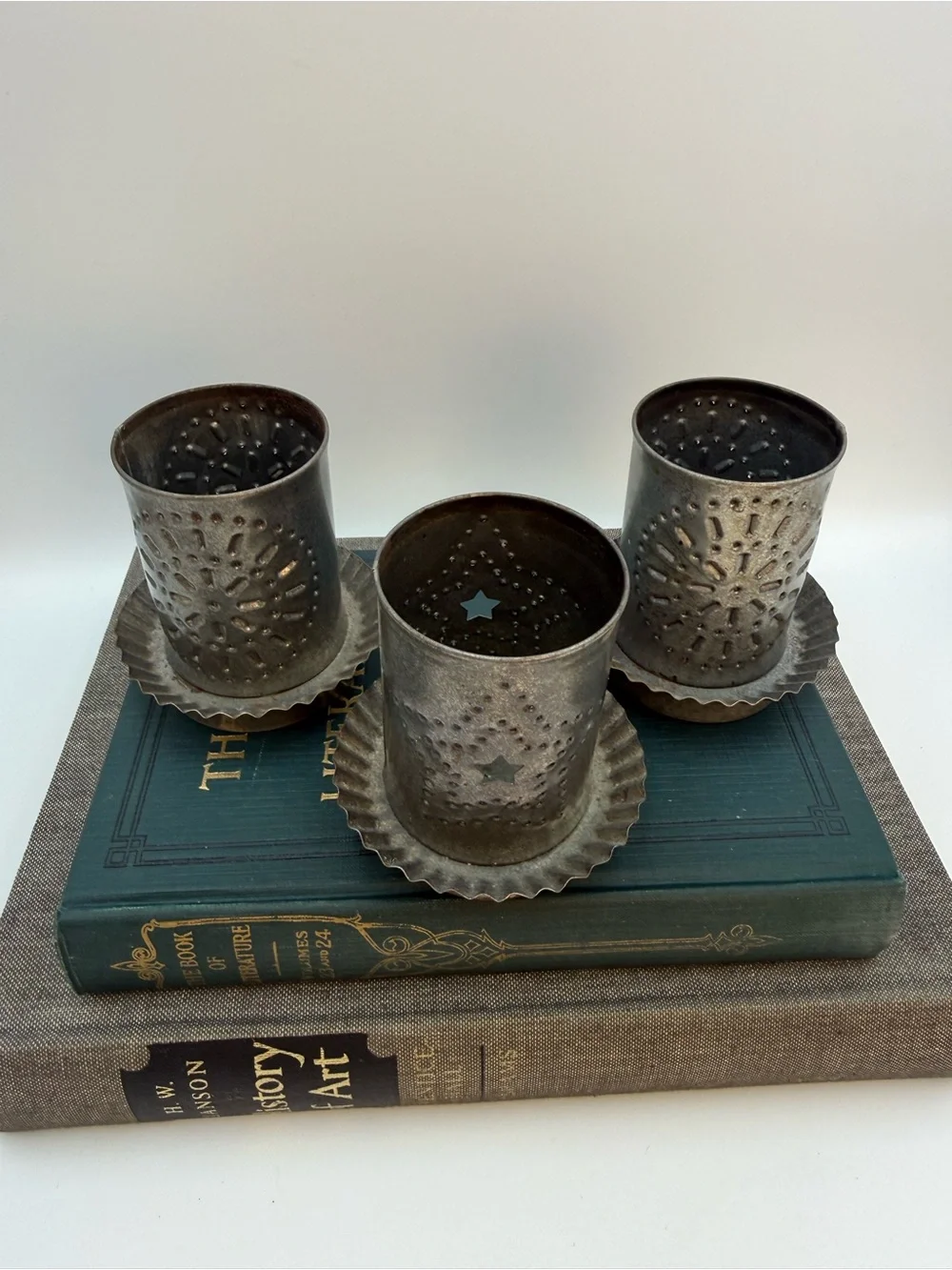 3 Vintage Punched Pierced Tin Candle Holder Primitive Folk Country